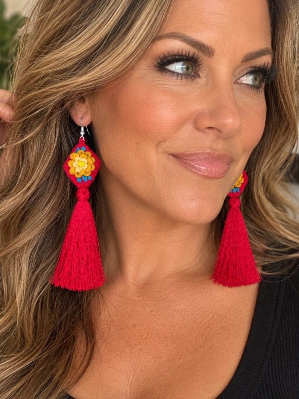 Boho Handmade Red Floral Tassel Drop Earrings